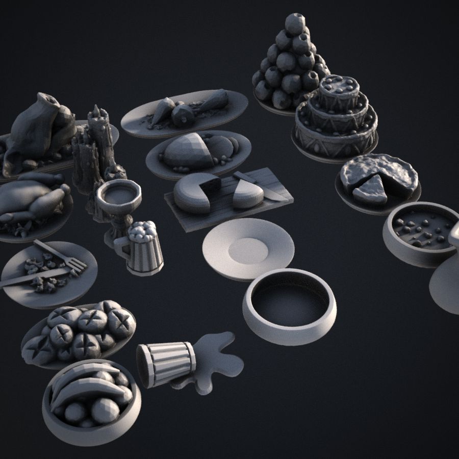  wine bowl banquet food meal cake apples bread mug ale pie candles plate rost chicken beef stl mesh dnd 3dprint mini miniature