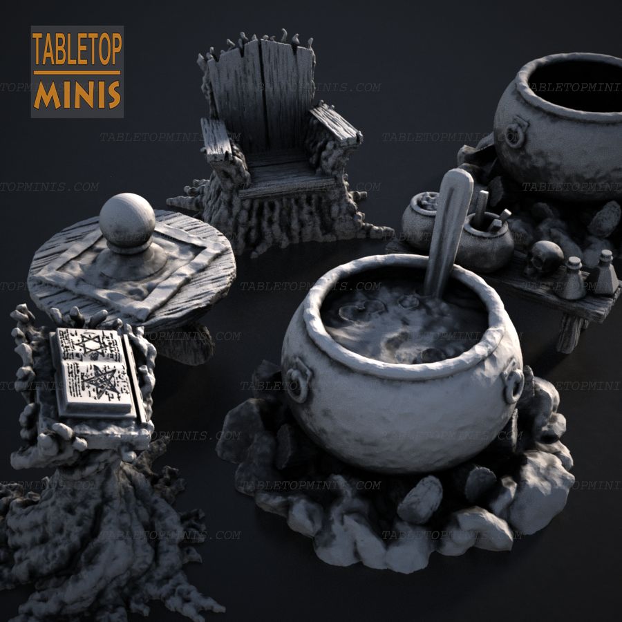  fire witch book chair witches pot books throne bench soup ladle bookstand wicker cook broth cooking boiling cauldron stl mesh dnd 3dprint mini miniature