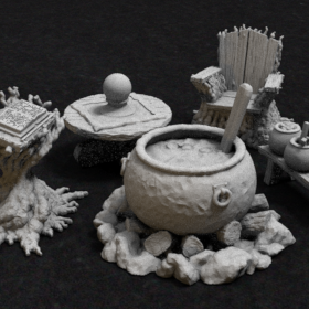 dnd fire witch book tome chair witches pot books throne bench couldron soup ladle bookstand wicker cook broth cooking boiling miniature dungeons dragons stl mesh dnd 3dprint mini miniature